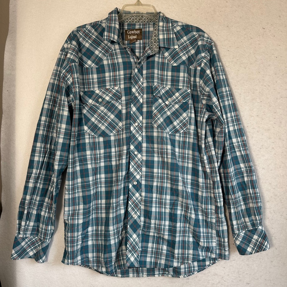 Cowboy Legend Mens XL Western Plaid Pearl Snap Shirt Teal White Long Sleeve